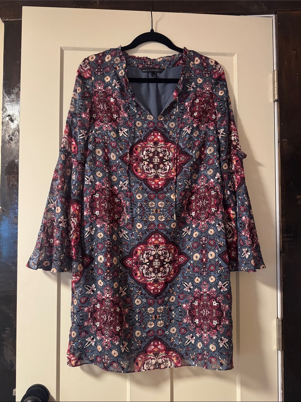 White House Black Market Blue and Burgundy Floral Medallion Long Sleeve Dress